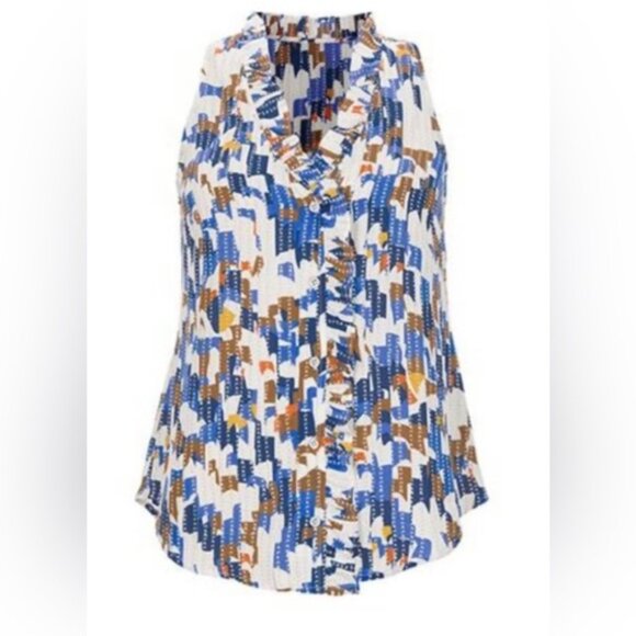 CAbi Tops - CAbi | Women's Blue and Brown Jigsaw Patterned Sleeveless Top Size XS